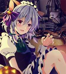 Rule 34 | 1girl, animal ears, apron, armor, blue dress, blush, bow, braid, breasts, cage, cat ears, claw pose, couch, dress, fake animal ears, feet out of frame, frilled apron, frills, ghost, green bow, green ribbon, hair between eyes, hair bow, hair ornament, halloween, hand up, izayoi sakuya, jack-o&#039;-lantern, jack-o&#039;-lantern hair ornament, knees up, looking at viewer, maid, maid headdress, neck ribbon, open mouth, petticoat, puffy short sleeves, puffy sleeves, purple bow, red eyes, ribbon, short hair, short sleeves, silver hair, sitting, small breasts, smile, solo, sword, touhou, twin braids, waist apron, weapon, white apron, wing collar, wrist cuffs, yuuka nonoko