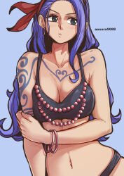 Rule 34 | 1girl, alternate costume, aosora2823, arm tattoo, artist name, beads, bikini, black bikini, black eyes, blue background, blue hair, blush, bracelet, breasts, chest tattoo, cleavage, closed mouth, commentary, cowboy shot, earrings, hairband, highres, holding own arm, hoop earrings, jewelry, large breasts, light frown, long hair, looking to the side, navel, nojiko, one piece, parted bangs, red hairband, solo, stomach, swimsuit, tattoo, wavy hair
