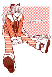 Rule 34 | 1girl, bad id, bad pixiv id, boots, checkered background, contemporary, fancybetty, fujiwara no mokou, full body, fur trim, hair ribbon, jacket, long hair, monochrome, pants, ribbon, sitting, solo, striped clothes, striped pants, touhou, v arms, very long hair
