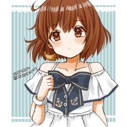 Rule 34 | 1girl, anchor symbol, blue bow, bow, bracelet, brown eyes, brown hair, cocoperino, collarbone, commentary request, dated, dress, jewelry, kantai collection, looking at viewer, official alternate costume, one-hour drawing challenge, short hair, solo, speaking tube headset, sundress, twitter username, upper body, white dress, yukikaze (kancolle)