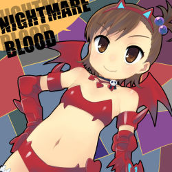 Rule 34 | 00s, 1girl, bad id, bad pixiv id, bat wings, blush, brown eyes, brown hair, child, costume, fang, female focus, futami mami, idolmaster, idolmaster (classic), nightmare blood, otoutogimi, shiny clothes, short hair, smile, solo, swimsuit, wings
