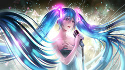Rule 34 | 1girl, aqua eyes, aqua hair, backlighting, bare arms, bare shoulders, chromatic aberration, collarbone, fingernails, flat chest, floating hair, glowing, glowing hair, hair between eyes, hair ornament, half-closed eyes, hand on own chest, hands up, hatsune miku, highres, holding, holding microphone, lens flare, long hair, looking away, microphone, midori foo, music, open mouth, signature, singing, solo, standing, strapless, triangle, twintails, upper body, very long hair, vintage microphone, vocaloid