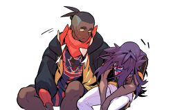 Rule 34 | 2boys, black hoodie, black shirt, blue shirt, blue shorts, champion uniform, commentary, creatures (company), dark-skinned male, dark skin, earrings, game freak, hand on another&#039;s waist, head down, highres, hood, hoodie, invisible chair, jewelry, leggings, leon (pokemon), long hair, looking at another, looking down, male focus, motion lines, multiple boys, nintendo, open clothes, open hoodie, parted lips, pokemon, pokemon swsh, purple hair, raihan (pokemon), redlhzz, shirt, short sleeves, shorts, simple background, sitting, sweatdrop, white background, white leggings, white shorts
