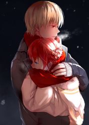 Rule 34 | 1boy, 1girl, animal hood, bad id, bad pixiv id, black background, blonde hair, blue eyes, blush, breath, casual, coat, cold, couple, covered mouth, eyebrows, eyelashes, from side, fur trim, gintama, hair bun, hair ornament, hand on another&#039;s back, hand on another&#039;s neck, height difference, hetero, hood, hood down, hooded jacket, hug, jacket, kagura (gintama), loli bushi, long sleeves, nose blush, okita sougo, parted lips, profile, rabbit hair ornament, rabbit hood, red eyes, red scarf, scarf, shade, shared clothes, shared scarf, short hair, side bun, single side bun, sleeves past wrists, snowing, sweater, upper body, white coat, winter clothes, winter coat
