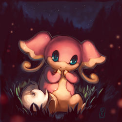 Rule 34 | audino, blue eyes, closed mouth, commentary, creature, creatures (company), delano-laramie, english commentary, forest, full body, game freak, gen 5 pokemon, grass, looking at viewer, nature, night, night sky, nintendo, no humans, outdoors, pokemon, pokemon (creature), signature, sitting, sky, smile, solo, star (sky), starry sky, tree