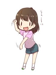 Rule 34 | 1girl, andou saki, arm up, brown hair, chibi, clenched hands, dancing, denchuubou, denim, denim skirt, hair ornament, hairclip, new horizon, open mouth, pink shirt, shirt, shoes, short hair, simple background, skirt, smile, socks, solo, white background
