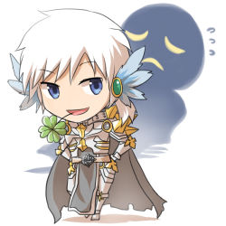 Rule 34 | 1boy, armor, armored boots, blue eyes, blue wings, boots, breastplate, cape, chainmail, chibi, clover, commentary request, different shadow, four-leaf clover, full body, gauntlets, grey cape, head wings, leg armor, looking at viewer, male focus, mouth hold, natsuya (kuttuki), open mouth, pauldrons, ragnarok online, rune knight (ragnarok online), short hair, shoulder armor, smile, solo, spiked pauldrons, stalk in mouth, tabard, torn cape, torn clothes, two-tone wings, white background, white hair, wings