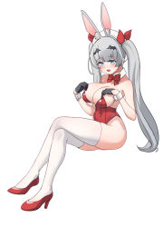 Rule 34 | 1girl, :d, absurdres, animal ear fluff, animal ears, aningay, beret, black gloves, blue eyes, blush, bow, breasts, cleavage, copyright request, covered navel, crossed legs, full body, gloves, grey hair, hair ribbon, half gloves, hands up, hat, high heels, highres, large breasts, leotard, long hair, open mouth, playboy bunny, rabbit ears, red bow, red footwear, red leotard, red ribbon, ribbon, shoes, simple background, sitting, smile, solo, strapless, strapless leotard, thighhighs, twintails, very long hair, white background, white hat, white thighhighs, wing hair ornament, wrist cuffs