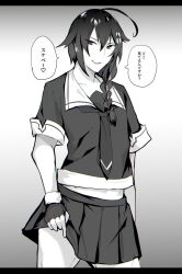 Rule 34 | 1boy, braid, clothes lift, commentary request, cowboy shot, crossdressing, fingerless gloves, genderswap, genderswap (ftm), gloves, hair between eyes, highres, kantai collection, long hair, looking at viewer, necktie, open mouth, pleated skirt, shigure (kancolle), shirt, simple background, skirt, skirt lift, smile, solo, speech bubble, stomach, thighs, trap, yashiro osa