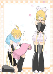 Rule 34 | 1boy, 1girl, bare shoulders, black shorts, black sleeves, black thighhighs, blonde hair, blue scarf, bow, bow hairband, closed eyes, cold, commentary, d futagosaikyou, detached sleeves, framed image, full body, gift, green eyes, hair bow, hair ornament, hairband, hairclip, hands up, headphones, highres, holding, holding clothes, holding scarf, kagamine len, kagamine len (append), kagamine rin, kagamine rin (append), kneeling, looking at another, on one knee, open mouth, pink scarf, sakuramon, scarf, shirt, short hair, shorts, sleeveless, sleeveless shirt, smile, snowflakes, spiked hair, standing, swept bangs, thighhighs, translated, trembling, vocaloid, vocaloid append, white bow, white footwear, white shirt, white shorts