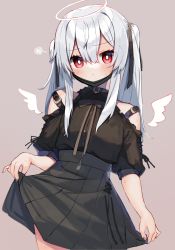 Rule 34 | 1girl, bare shoulders, black shirt, black skirt, blush, brown background, closed mouth, clothing cutout, commentary request, detached wings, hair between eyes, halo, highres, long hair, looking at viewer, mask, mask pull, mini wings, moti yousei, mouth mask, original, pleated skirt, puffy short sleeves, puffy sleeves, red eyes, shirt, short sleeves, shoulder cutout, silver hair, simple background, skirt, skirt hold, solo, squiggle, twintails, wings
