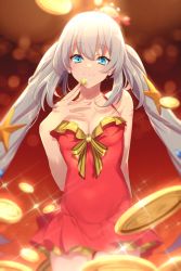 Rule 34 | 1girl, blue eyes, breasts, cleavage, closed mouth, crab, crab on head, echo (circa), fate/grand order, fate (series), gold, grey hair, long hair, looking at viewer, marie antoinette (fate), marie antoinette (fate/grand order), marie antoinette (swimsuit caster) (fate), marie antoinette (swimsuit caster) (first ascension) (fate), medium breasts, one-piece swimsuit, red one-piece swimsuit, skirt, smile, solo, swimsuit, twintails, very long hair