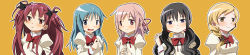 Rule 34 | 5girls, :o, akemi homura, alternate hair length, alternate hairstyle, arms at sides, black hair, black ribbon, blonde hair, blue eyes, blue hair, blush, braid, breasts, close-up, commentary request, curly hair, expressionless, fingernails, fingers together, flat chest, flower, frown, fumiko (mesushi), hair flower, hair ornament, hair over shoulder, hair ribbon, hair scrunchie, hairclip, hand in own hair, hand on own chest, happy, head tilt, highres, kaname madoka, long hair, long image, looking at viewer, looking away, low ponytail, mahou shoujo madoka magica, mahou shoujo madoka magica (anime), medium breasts, miki sayaka, mitakihara school uniform, multiple girls, neck ribbon, nervous, orange background, parted lips, pink eyes, pink hair, puffy short sleeves, puffy sleeves, purple eyes, red eyes, red hair, red ribbon, red scrunchie, ribbon, sakura kyoko, school uniform, scrunchie, shaded face, short sleeves, side-by-side, side braid, simple background, single braid, small breasts, smile, sweatdrop, tomoe mami, two side up, uniform, upper body, wide image, yellow eyes