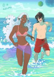 Rule 34 | 1boy, 1girl, autumn-sacura, black hair, blue eyes, bra, breasts, cloud, dark skin, day, drawstring, earrings, hetero, holding hands, hyakujuu-ou golion, jewelry, keith (voltron), male swimwear, medium breasts, navel, ocean, open mouth, outdoors, panties, partially submerged, pink bra, pink panties, planet, pointy ears, princess allura, red male swimwear, red swim trunks, sky, smile, swim trunks, swimsuit, topless male, underwear, voltron: legendary defender, voltron (series), wavy mouth, white hair