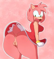 Rule 34 | 1girl, amy rose, anus, ass, bent over, blush, bracelet, breasts, dress, embarrassed, from behind, furry, gloves, green eyes, hairband, hedgehog, hedgehog ears, hedgehog girl, hedgehog tail, highres, huge ass, jewelry, justadma, looking back, medium breasts, no panties, open mouth, pink background, pussy, red dress, short hair, solo, sonic (series), surprised, thick thighs, thighs, uncensored, white gloves, wide hips