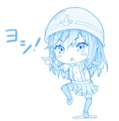 Rule 34 | 1girl, arm warmers, asashio (kancolle), blue theme, blush stickers, buttons, collared shirt, full body, futaba channel, genba neko (meme), gotou hisashi, hair between eyes, hard hat, helmet, kantai collection, long hair, meme, open mouth, pleated skirt, pointing, shadow, shirt, short sleeves, simple background, skirt, solo, standing, standing on one leg, suspender skirt, suspenders, thighhighs, white background