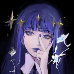Rule 34 | 1other, black background, blue eyes, blunt bangs, closed mouth, commentary, flower, gahuoniao, hand on own face, highres, houseki no kuni, lapis lazuli (houseki no kuni), long hair, looking at viewer, nail polish, other focus, purple hair, purple lips, purple nails, simple background, solo, star (symbol), white flower