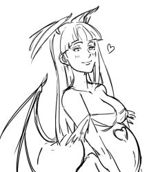 Rule 34 | 1girl, bad id, bare shoulders, bat wings, bb (baalbuddy), blush, breasts, capcom, cleavage, demon girl, elbow gloves, gloves, greyscale, head wings, heart, inactive account, large breasts, lineart, long hair, monochrome, morrigan aensland, pregnant, smile, solo, vampire (game), wings
