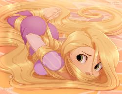 Rule 34 | 1girl, 2018, absurdly long hair, arms behind back, artist name, ass, bad id, bad pixiv id, barefoot, bdsm, between buttocks, blonde hair, bondage, bound, bound arms, bound feet, bound legs, breasts, dated, disney, dress, freckles, full body, gag, gagged, green eyes, hair bondage, highres, long hair, looking back, lying, medium breasts, merunyaa, on floor, on stomach, purple dress, rapunzel (disney), signature, solo, sweat, very long hair