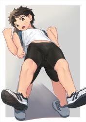 Rule 34 | 2boys, ass, back-to-back, bike shorts, black hair, black shorts, brown eyes, bulge, clenched hands, crotch seam, exercising, gluteal fold, hands up, highres, legs apart, lifting person, locked arms, male focus, midriff peek, multiple boys, nayoshi (r-744), open mouth, original, outside border, shirt, shoes, short hair, short sleeves, shorts, sneakers, spiked hair, standing