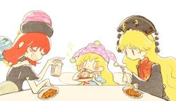 Rule 34 | 3girls, alcohol, bad id, bad twitter id, beer, black dress, black footwear, blonde hair, blush stickers, chinese clothes, closed eyes, clownpiece, collar, commentary request, dress, eating, fairy wings, hat, hecatia lapislazuli, jester cap, junko (touhou), long hair, long sleeves, multiple girls, neck ruff, polka dot, red eyes, red hair, shirt, shoes, sitting, sketch, suzuko (ponpokoponpon88), t-shirt, tabard, touhou, wide sleeves, wings