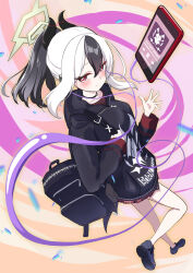 Rule 34 | 1girl, abstract background, absurdres, black bag, black choker, black footwear, black hair, black hoodie, black horns, blue archive, blush, bocchi (kuropom7), bright pupils, cellphone, choker, closed mouth, commentary request, dutch angle, earphones, foreshortening, full body, halo, hand up, highres, hood, hood down, hoodie, horns, jacket, kayoko (blue archive), long hair, long sleeves, looking at viewer, looking up, mole, mole on neck, multicolored hair, phone, ponytail, print jacket, red eyes, shoes, smartphone, smile, solo, text print, two-tone hair, walking, white hair, white pupils, yellow halo