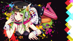 Rule 34 | 1girl, breasts, cleavage, facial mark, green hair, gumi, hat, headphones, jewelry, killer lady (vocaloid), long hair, lying, nail polish, on side, pantyhose, red eyes, ring, short hair with long locks, shorts, sidelocks, solo, vocaloid, wrist cuffs, yuna (rutera)