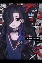 Rule 34 | 1girl, absurdres, black collar, black hair, black jacket, blue hair, blue shirt, chaeryeong (itzy), chung-ee (itzy), collar, collarbone, copyright name, earrings, frown, hair behind ear, highres, itzy, jacket, jewelry, k-pop, letterboxed, looking at viewer, mole, mole under mouth, multicolored hair, o bianyi didi shu o, off shoulder, real life, shirt, sleeveless, sleeveless shirt, solo, streaked hair