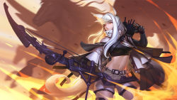 Rule 34 | 1girl, absurdres, animal ear fluff, animal ears, arknights, arrow (projectile), black bra, black gloves, bow (weapon), bra, breasts, cloak, commentary, compound bow, cowboy shot, english commentary, gloves, high collar, highres, holding, holding bow (weapon), holding weapon, horse, horse ears, horse tail, klon, long hair, midriff, navel, orange eyes, parted lips, platinum (arknights), quiver, short shorts, shorts, solo, sports bra, stomach, tail, underwear, weapon, white cloak, white hair, white shorts