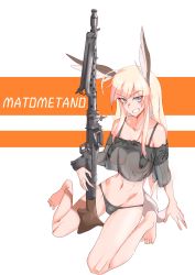 Rule 34 | 1girl, absurdres, ahoge, bipod, bird tail, black legwear, blonde hair, blue eyes, breasts, cleavage, groin, gun, hair over one eye, hanna-justina marseille, head wings, highres, ito (i too04), lingerie, long hair, machine gun, mg 34, navel, panties, smile, solo, squatting, strike witches, tail, underwear, weapon, wings, witches of africa, world witches series
