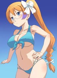 Rule 34 | 10s, 1girl, aquarion (series), aquarion evol, armpits, bikini, blue background, blue bikini, blue eyes, blush, body blush, bow, breasts, cameltoe, cleavage, clothing cutout, cowboy shot, eyelashes, from side, front-tie top, frown, glasses, gradient background, groin, hair bow, hair ribbon, hand on own hip, high ponytail, large breasts, long hair, looking afar, low-tied long hair, lowleg, lowleg bikini, meow (nekodenki), mix (aquarion), multicolored hair, navel, orange hair, ponytail, pout, purple hair, ribbon, side cutout, side ponytail, standing, swimsuit, two-tone hair, underboob, wide hips