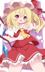 Rule 34 | 1girl, ascot, blonde hair, blurry, blush, bow, crystal, depth of field, flandre scarlet, frills, g4ku, hair between eyes, hat, heart, heart-shaped pupils, highres, long hair, looking at viewer, miniskirt, mob cap, one side up, open mouth, petticoat, puffy short sleeves, puffy sleeves, red bow, red eyes, red ribbon, red skirt, red vest, ribbon, shirt, short sleeves, skirt, skirt set, smile, solo, symbol-shaped pupils, thighs, touhou, vest, white hat, white shirt, wings