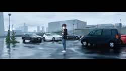 Rule 34 | 1girl, absurdres, black hair, black jacket, blue eyes, blue pants, building, car, city, cityscape, cloud, cloudy sky, commentary request, denim, full body, glasses, grey sky, hair between eyes, headlight, highres, holding, holding umbrella, jacket, jeans, lamppost, letterboxed, looking at viewer, motor vehicle, nissan skyline, nissan skyline r32, open clothes, open jacket, original, outdoors, pants, parking lot, rain, reflection, rudeko32, scenery, shirt, short hair, sky, skyscraper, tail lights, tokyo (city), umbrella, vehicle focus, white shirt, wide shot