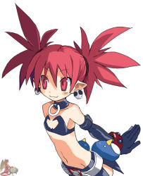 Rule 34 | 1girl, :3, arm strap, arms behind back, bandeau, bare shoulders, belt, black gloves, black skirt, blush stickers, buckle, closed mouth, collar, cowboy shot, demon girl, disgaea, earrings, elbow gloves, etna (disgaea), flat chest, from side, gloves, hair between eyes, hair tie, harada takehito, jewelry, leaning forward, light smile, looking to the side, makai senki disgaea 2, midriff, miniskirt, navel, official art, pointy ears, prinny, red eyes, red hair, short twintails, side slit, simple background, skirt, skull earrings, slit pupils, smile, solo, spiked hair, studded bracelet, twintails, watermark, white background