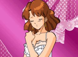 Rule 34 | 1girl, animated, animated gif, armpits, arms behind head, ass, blue eyes, breasts, brown hair, hand on own hip, kaori (super real mahjong), large breasts, looking at viewer, lowres, modeling, navel, nipples, panties, smile, solo, super real mahjong, tagme, topless, underwear, undressing