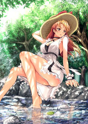 Rule 34 | 1girl, absurdres, arm support, barefoot, breasts, brown eyes, brown hair, clothes lift, day, dress, dress lift, feet, forest, hat, highres, large breasts, legs, long hair, nature, original, partially submerged, revision, rock, sitting, sitting on rock, soaking feet, solo, soyokaze, stream, sundress, tree, water, wind, wind lift