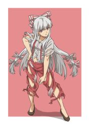 Rule 34 | absurdres, border, bow, fujiwara no mokou, gyouza (mhea5724), hair bow, hand on own hip, high heels, highres, long hair, looking at viewer, overalls, pants, red background, red eyes, red overalls, red pants, shirt, solo, torn clothes, touhou, very long hair, white border, white bow, white shirt