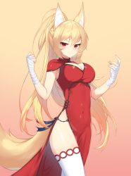 Rule 34 | 1girl, absurdres, animal ears, armpit crease, bandaged arm, bandages, blonde hair, breasts, character request, china dress, chinese clothes, cleavage, cleavage cutout, clothing cutout, commission, covered navel, cowboy shot, dress, ellin meiji, fox ears, fox girl, fox tail, gradient background, hands up, high ponytail, highres, large breasts, long hair, looking at viewer, no panties, original, pelvic curtain, ponytail, red dress, red eyes, side slit, sleeveless, sleeveless dress, smile, solo, standing, tail, thighhighs, thighs, topu, v-shaped eyebrows, very long hair, white thighhighs