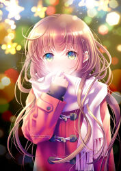 Rule 34 | 1girl, blue eyes, blurry, blurry background, blush, bokeh, breath, brown hair, coat, covered mouth, depth of field, duffel coat, green eyes, layered sleeves, long hair, long sleeves, looking at viewer, multicolored eyes, original, plastic moon, scarf, solo, upper body, very long hair