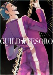 Rule 34 | &gt;:), 1boy, earrings, eyewear on head, formal, from behind, gild tesoro, green hair, highres, jewelry, male focus, microphone stand, one piece, one piece film: gold, pink suit, solo, star (symbol), suit, typo, ukari, v-shaped eyebrows