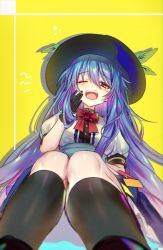 Rule 34 | 1girl, black footwear, black gloves, black hat, black socks, blouse, blue hair, blue sash, blue skirt, bow, bowtie, buttons, commentary, foreshortening, from below, gloves, half-closed eye, hand on own cheek, hand on own face, hat, here (hr rz ggg), highres, hinanawi tenshi, kneehighs, knees, leaf, long hair, looking at viewer, mandarin collar, one eye closed, puffy short sleeves, puffy sleeves, red bow, red bowtie, red eyes, sash, shirt, short sleeves, sidelocks, skirt, sleepy, socks, solo, squeans, tears, touhou, very long hair, white shirt, yawning, yellow background