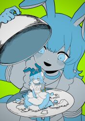 Rule 34 | 2girls, absurdres, animal ears, anzu (dufg4825), apron, arm between legs, arm up, bags under eyes, black mouth, blue dress, blue eyes, blue gloves, blue hair, blue pantyhose, blush, bright pupils, clone, commentary request, dress, elbow gloves, empty eyes, food, food on head, furrowed brow, gloves, green background, highres, holding, holding tray, hoshoku hihoshoku (vocaloid), icing, lace, lace-trimmed dress, lace trim, limited palette, long hair, looking at another, maid apron, mini person, minigirl, multiple girls, nervous, object on head, open mouth, pantyhose, parted lips, puffy short sleeves, puffy sleeves, rabbit ears, rabbit girl, serving dome, short sleeves, simple background, smile, tray, two-tone dress, white dress, white pupils