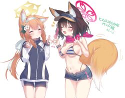 Rule 34 | 2girls, :d, ^ ^, animal ear fluff, animal ears, bikini, blue archive, blue shorts, blush, breasts, brown hair, closed eyes, eip (pepai), fang, fox ears, fox girl, fox shadow puppet, fox tail, hairband, halo, izuna (blue archive), izuna (swimsuit) (blue archive), jacket, large breasts, long hair, mari (blue archive), mari (track) (blue archive), multiple girls, musical note, navel, official alternate costume, open mouth, orange hair, red scarf, scarf, short hair, short shorts, shorts, simple background, skin fang, smile, standing, striped bikini, striped clothes, swimsuit, tail, thighs, track jacket, visor cap, white background, white hairband