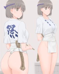 Rule 34 | 1girl, arms behind back, ass, breasts, character request, closed mouth, fundoshi, grey background, grey eyes, grey hair, hairband, highres, japanese clothes, large breasts, legs, medium hair, shiny skin, shirt, simple background, smile, standing, tagme, taito0630, thighs, white shirt