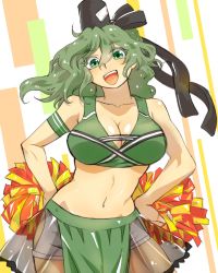 Rule 34 | 1girl, :d, black hat, cheerleader, cowboy shot, green eyes, green hair, green skirt, hair between eyes, hands on own hips, hat, highres, holding, holding pom poms, looking at viewer, navel, nunnun (shunka shuutou), ofuda, ofuda on clothes, one-hour drawing challenge, open mouth, pom pom (cheerleading), pom poms, see-through, see-through skirt, short hair, skirt, smile, soga no tojiko, solo, standing, tate eboshi, touhou, two-tone background, white background, yellow background