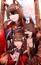 Rule 34 | 3girls, :d, @ @, ^ ^, absurdres, akagi-chan (azur lane), amagi-chan (azur lane), amagi (azur lane), animal ears, azur lane, bell, biting, black hair, blunt bangs, bow, breasts, bridal gauntlets, cherry blossoms, cleavage, closed eyes, commentary, detached collar, ear biting, eyeshadow, fox, fox ears, fox girl, fox tail, hair bell, hair between eyes, hair bow, hair ornament, hair ribbon, headpat, highres, japanese clothes, kitsune, kyuubi, long hair, long sleeves, looking at viewer, makeup, multiple girls, multiple tails, name connection, open mouth, purple eyes, ribbon, samip, sidelocks, small breasts, smile, tail, thick eyebrows, twintails, wide sleeves
