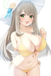 Rule 34 | 1girl, :d, absurdres, arm behind back, bikini, blue archive, blush, breasts, cleavage, collarbone, flower, green eyes, halo, halterneck, hat, hat flower, highres, jacket, large breasts, leaning forward, light brown hair, looking at viewer, navel, nonomi (blue archive), nonomi (swimsuit) (blue archive), official alternate costume, open clothes, open jacket, open mouth, rei (ilust9999), revision, rose, side-tie bikini bottom, sideboob, simple background, smile, solo, stomach, string bikini, sun hat, swimsuit, white background, white hat, yellow bikini, yellow flower, yellow rose
