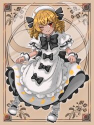 Rule 34 | 1girl, aoiueo12, apron, blonde hair, bow, dress, dress bow, drill hair, drill sidelocks, fairy wings, full body, highres, lifted by self, luna child, puffy short sleeves, puffy sleeves, red eyes, short sleeves, sidelocks, smile, solo, touhou, white apron, white dress, white footwear, white headwear, wings