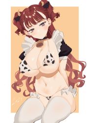 Rule 34 | 1girl, 2021, 2l (2lsize), absurdres, animal ears, animal print, arms behind back, bell, bikini, black choker, black eyes, blush, breasts, choker, cleavage, closed mouth, commentary request, cow ears, cow horns, cow print, cowbell, curly hair, dated, detached sleeves, frilled bikini, frills, halterneck, highres, horns, huge breasts, legs together, long hair, looking at viewer, micro bikini, navel, neck bell, original, outside border, print bikini, puffy short sleeves, puffy sleeves, red hair, short sleeves, simple background, sitting, solo, stomach, swimsuit, thighhighs, two-tone background, two side up, very long hair, white background, white thighhighs, yellow background