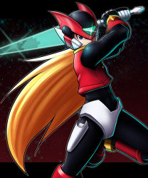 Rule 34 | 1boy, absurdres, blonde hair, blue eyes, commentary, english commentary, gloves, helmet, highres, holding, holding sword, holding weapon, incoming attack, long hair, male focus, mega man (series), mega man zero (series), silverchariotx, solo, sword, weapon, zero(z) (mega man), zero (mega man)